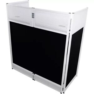 ProX VISTA DJ Booth Facade Table Station with White/Black Scrim kit and Padded Travel Bag White